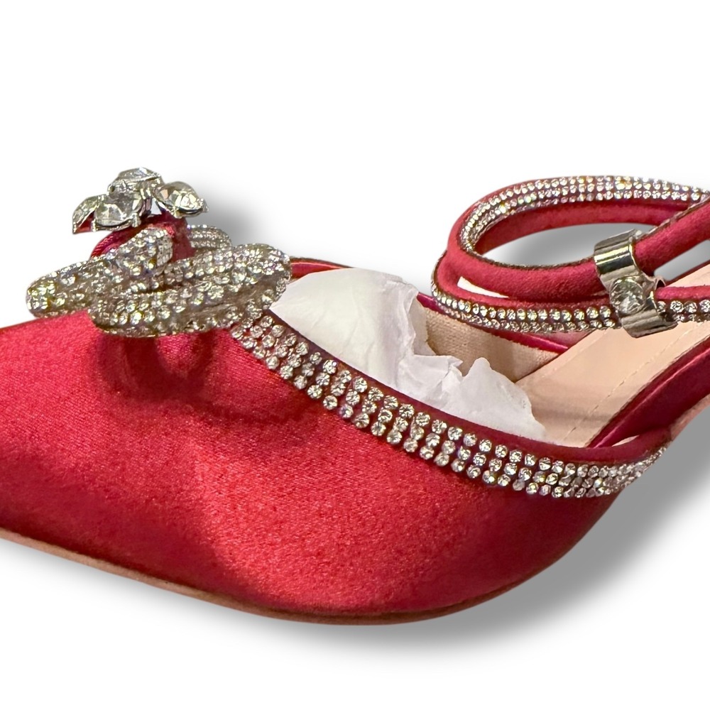 Susanny Red Stiletto Heel Sandals Women's Sz 7.5 Pointed Toe Bow Rhinestone - Picture 11 of 16